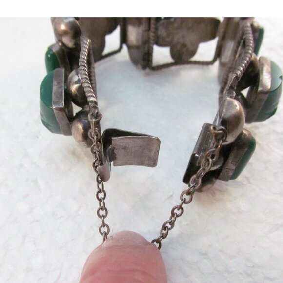 Sterling Silver Carved Green Onyx Tribal Face Mexican Link Bracelet Size 6.75 - Picture 12 of 16